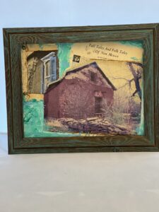 (#5MM) Cuera Mill oil canvas, Mixed Media, 14" x 11" unframed  $325.00                         Mixed Media using 1940 Santa Fean Magazine page, oil, photos taken by Pam Eggemeyer transfer on handmade vintage paper