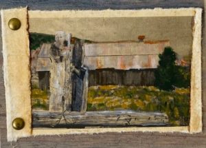 (MM) Glenwood Springs Barn MM on wood block, Oil MM 5.5" x 7.5" $100.00b