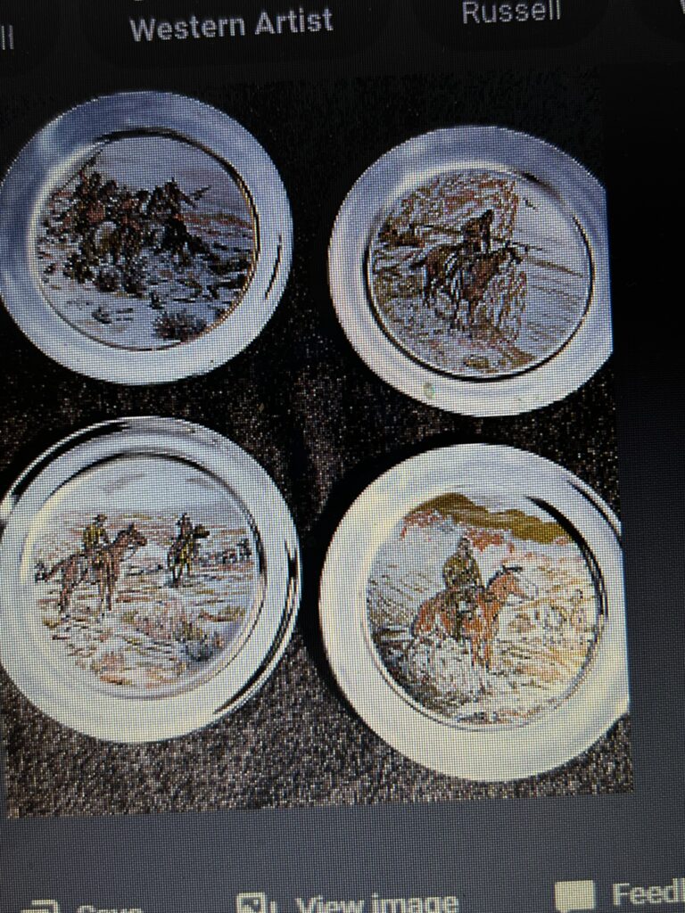 Hand Crafted sterling silver Damascene plates by Reed & B arton, Lewis & Clark by Charles Russell - each plate ltd edition #299/2500 1975. titled:Indian Discover, The Outpost, Free Trappers, Toll Collector