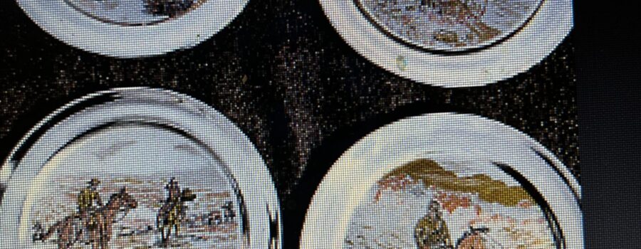 Hand Crafted sterling silver Damascene plates by Reed & B arton, Lewis & Clark by Charles Russell - each plate ltd edition #299/2500 1975. titled:Indian Discover, The Outpost, Free Trappers, Toll Collector